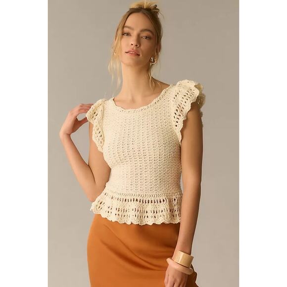 By Anthropologie Flutter-Sleeve Crochet Peplum Sweater Top Cream Women's Small - Picture 2 of 13